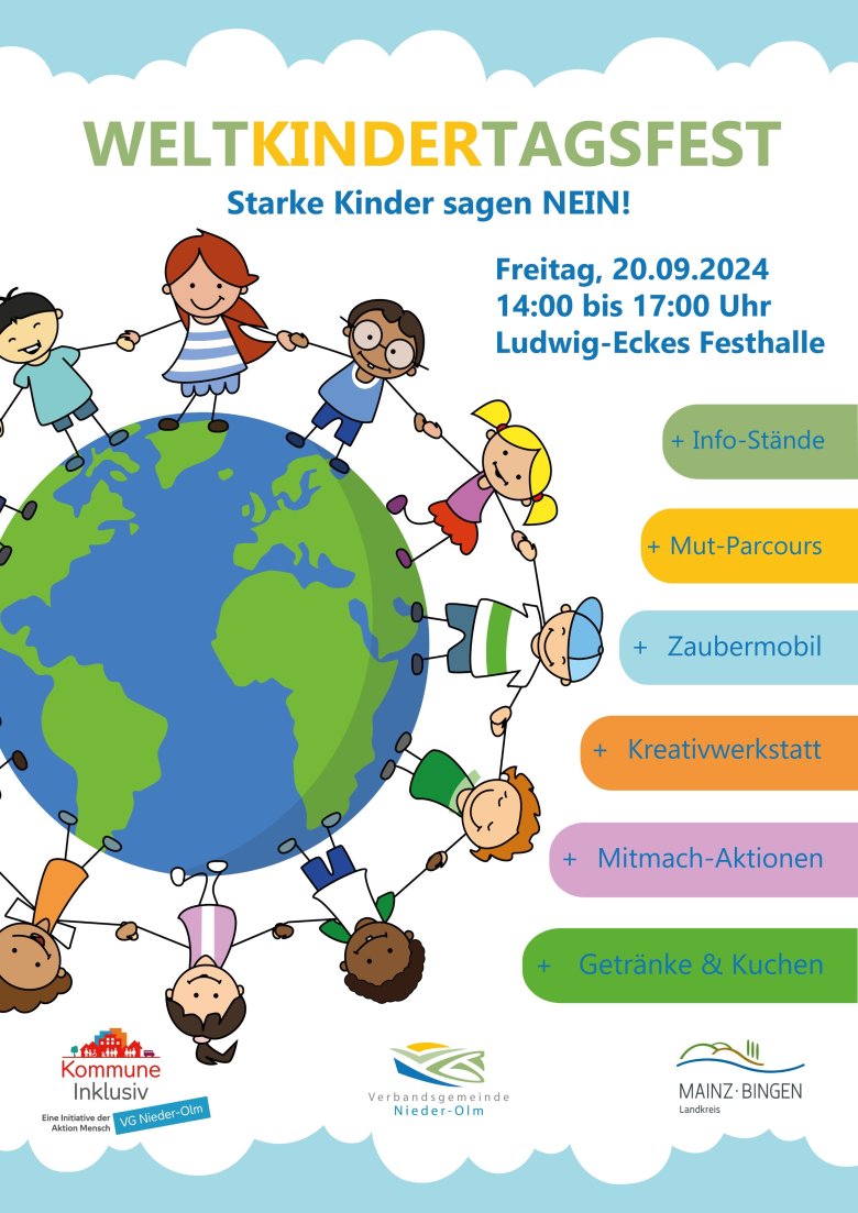 Man erkennt das Plakat des Weltkindertagsfest 2024. Auf diesem sind Comic-Menschen abgebildet, die auf einer Erdkugel stehen. Zudem erkennt man innbunten Kästen das Programm des Aktionstages