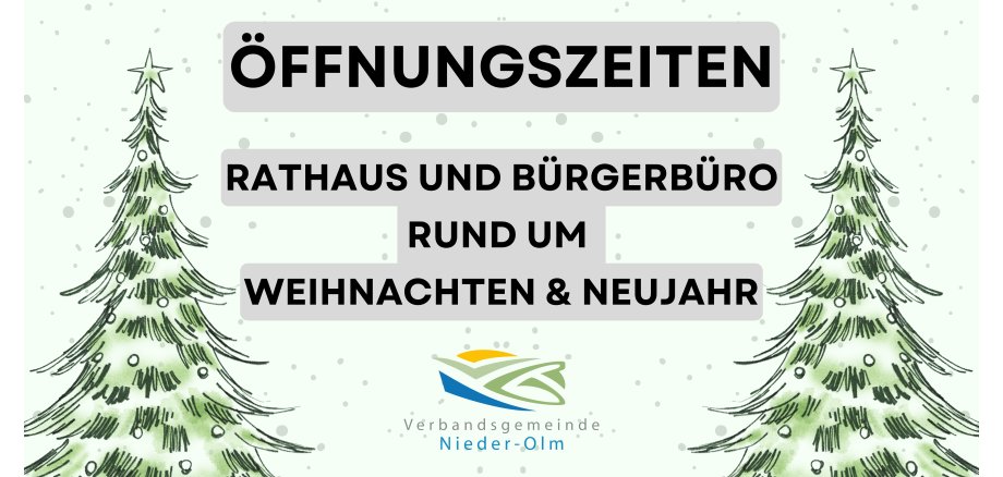 Auf dem Bild erkennt man eine Grafik. Links und rechts stehen Weihnachtsbäume abgebildet. Dieses Bild informiert über die Öffnungszeiten des Rathauses und des Bürgerbüros rund um Weihnachten und Neujahr.