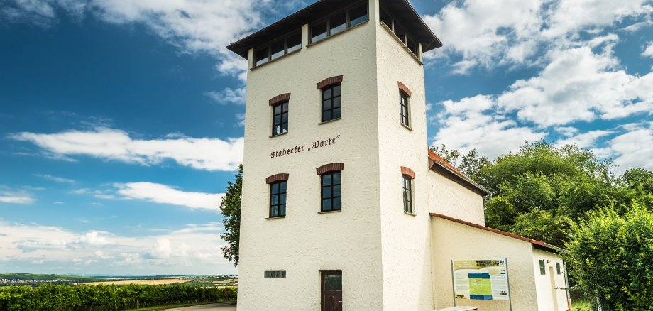 Auf dem Bild erkennt man ein hohes, altes Gebäude. Auf diesem steht in großen Lettern"" Stadecker Warte" geschrieben. Im Hintergrund erkennt man Weinberge sowie einen hellblauen Himmel. Es ist ein sommerlicher Tag,